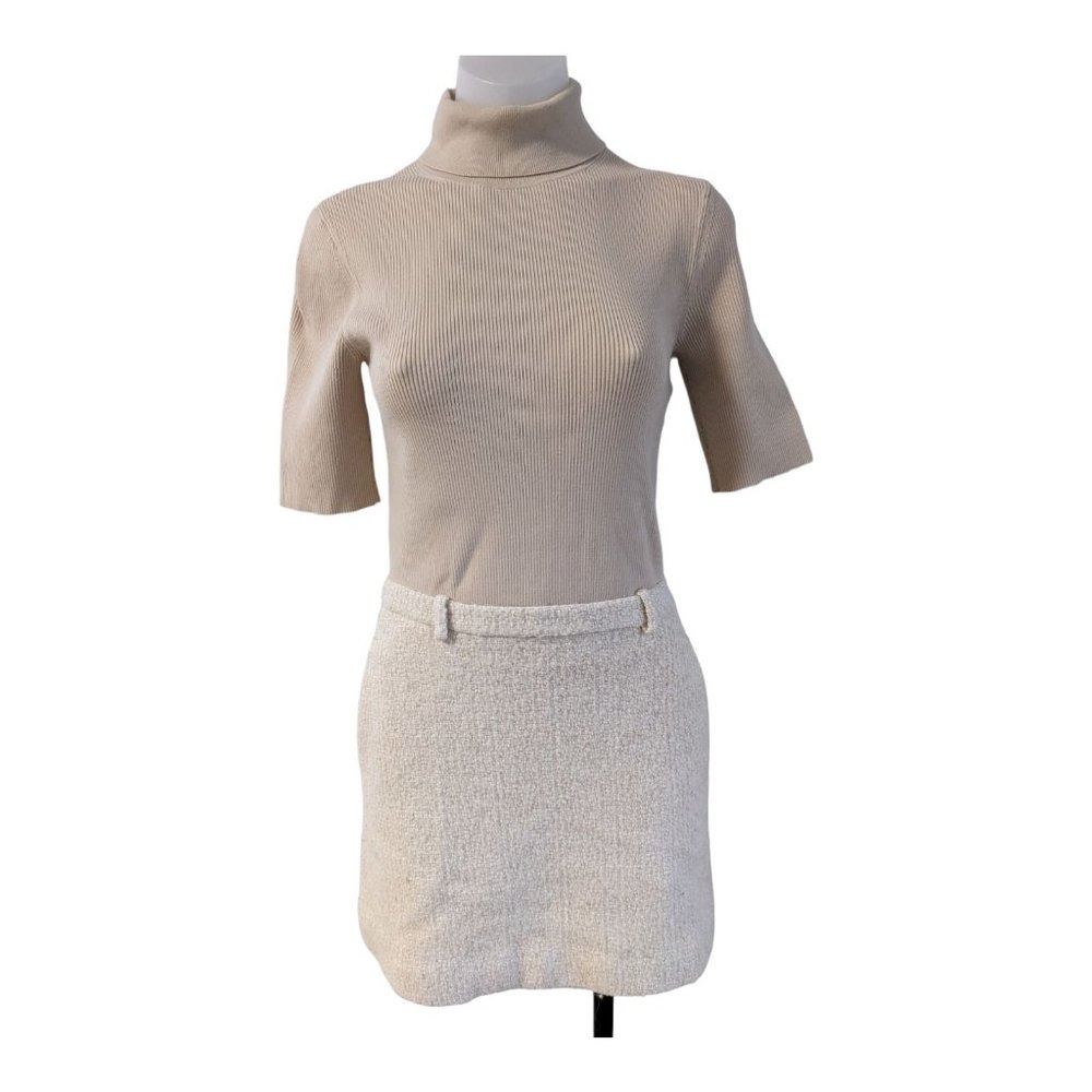 Theory Small Knit Combo Mini Dress Tan Beige Wool Blend Turtleneck Half Sleeve